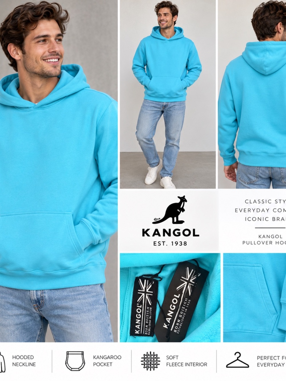 Kangol Men’s Hooded Pullover - Bright Aqua Blue M NWT